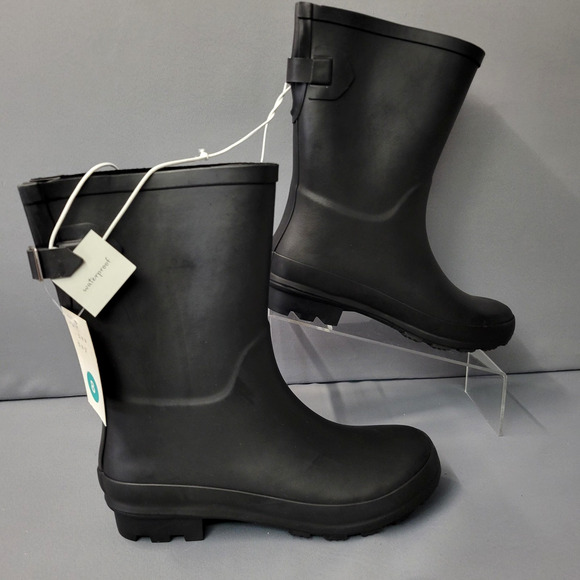 A New Day Boots Womens Size 8 Black Waterproof Mid Calf Rain Shoes Rubber Buckle - Picture 1 of 16